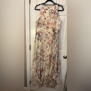 Chiffon halter dress, neutral floral, subtle gold threading and built in slip